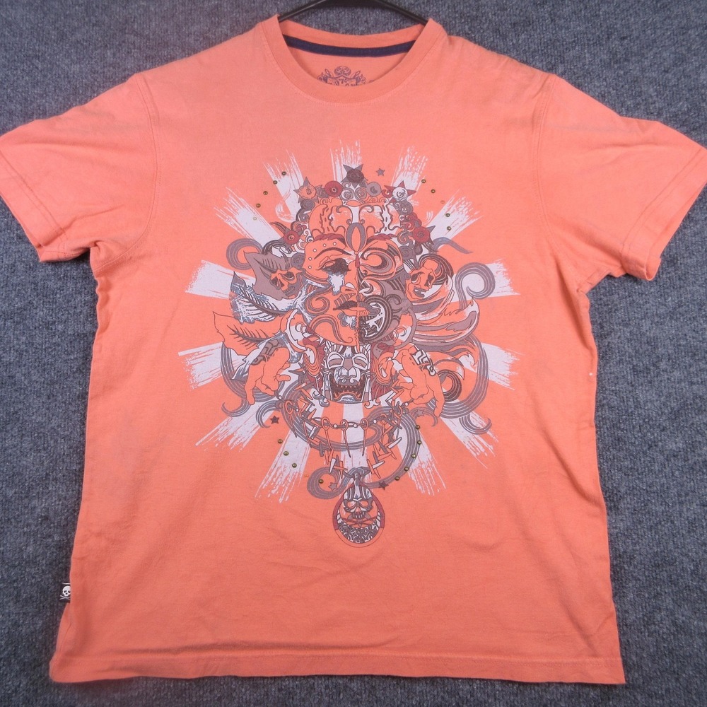 Y2K Marc Ecko Cut & Sew Shirt Mens Medium Orange Skull Studded Graphic Design